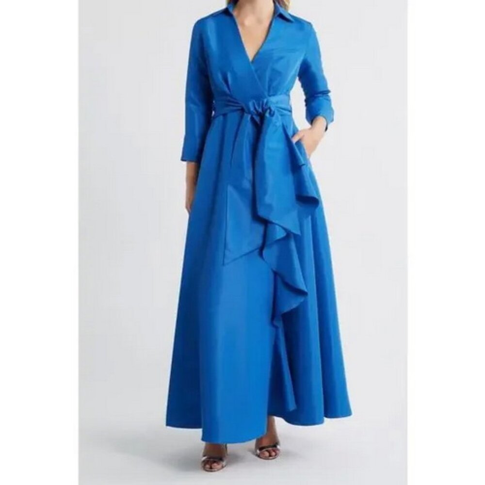 Betsy & Adam Ocean Blue Long Sleeve Taffeta Belted Gown Dress